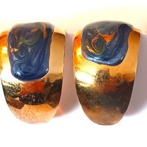 Vintage 1970 Gold N Painted Green Swirl Enamel Earrings